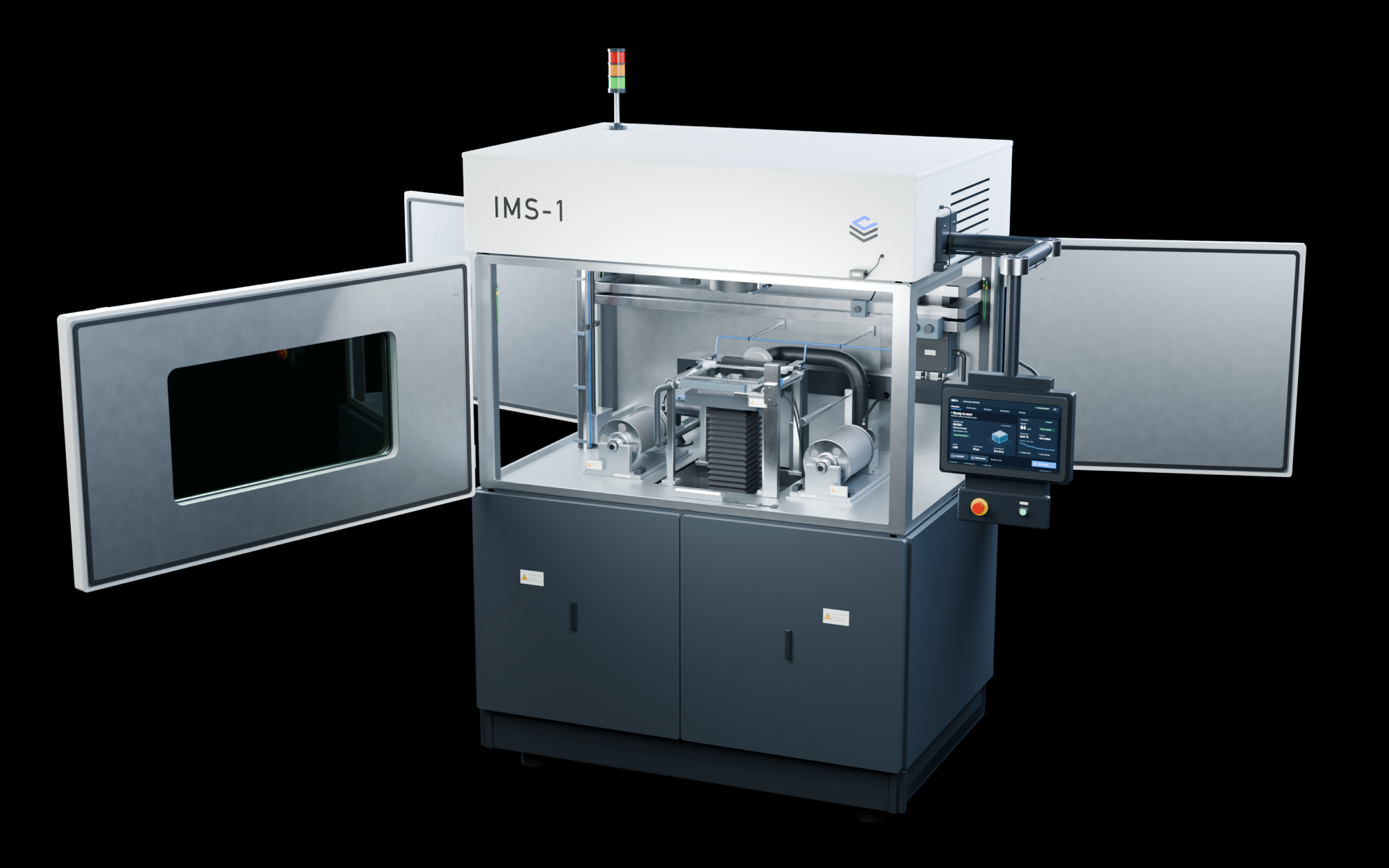 The IMS-1 printer with its doors open, showing the supply roll, take-up roll and build platform